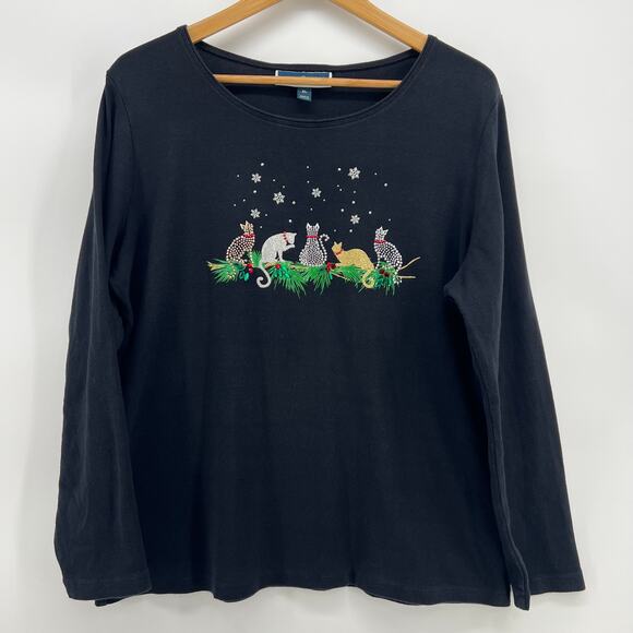 Karen Scott Cute Xmas Cat Light Sweater Long sleeve Shirt Sparkle Shiny Studs XL - Picture 1 of 8